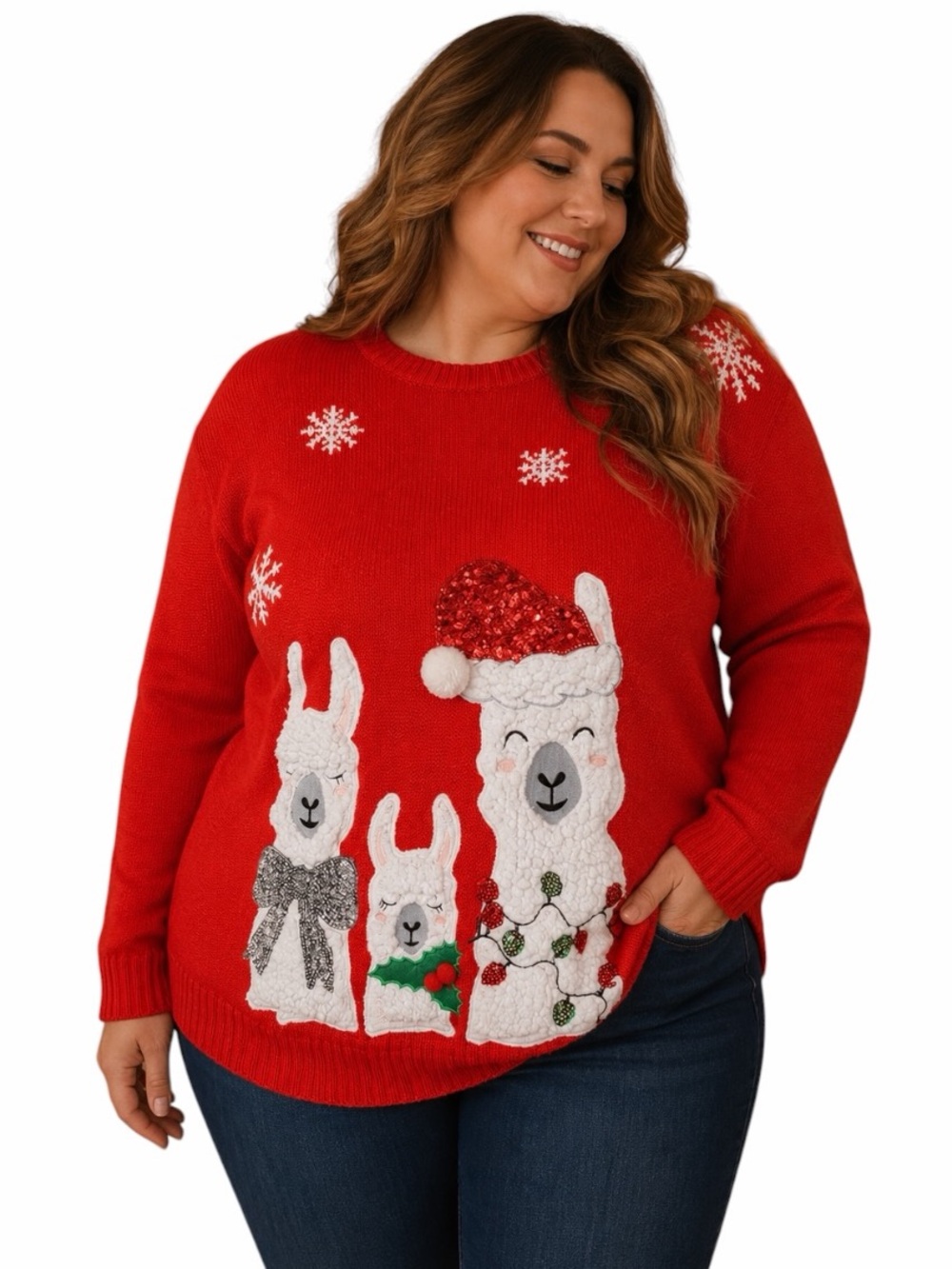 POOF New York Large Red Knit Crewneck Llama Christmas Sweater Sequins Holiday